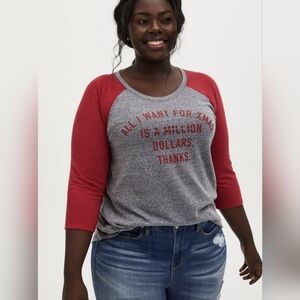 Torrid Classic Fit Red Gray All I Want For Xmas 3/4 Sleeve T-shirt 2X